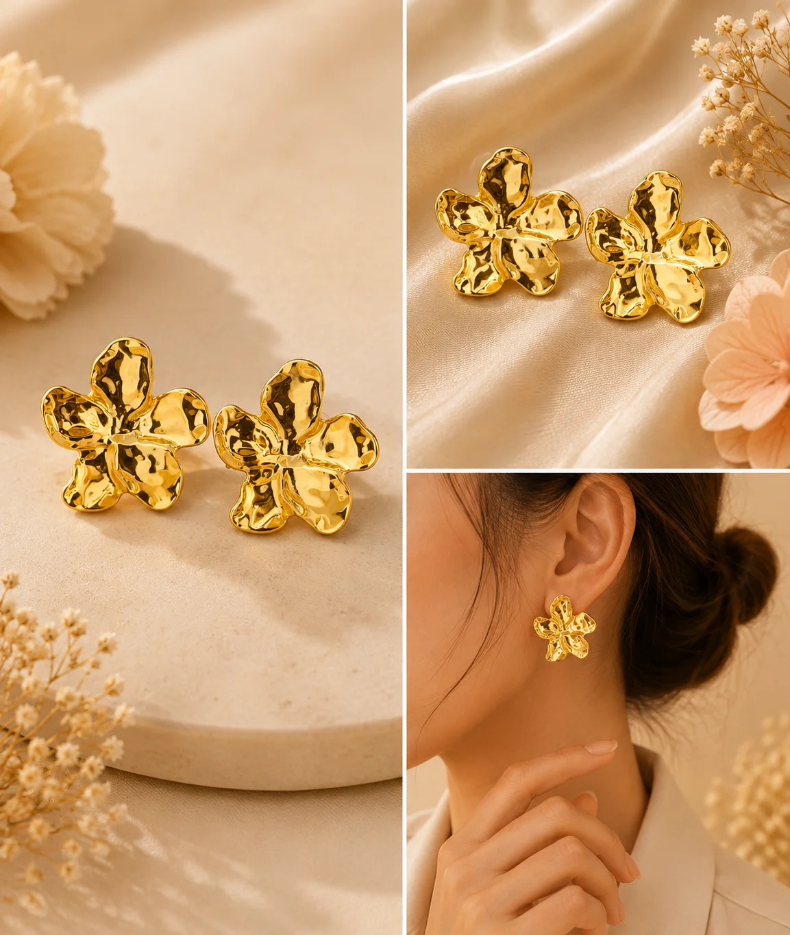Gold Hammered Flowere Stud Earring